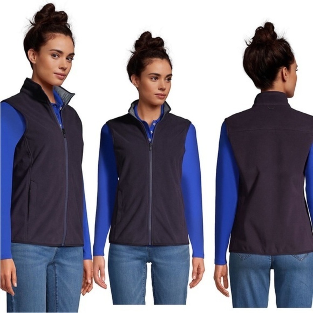 Lands’ End Marinac navy Fleece Vest with a gray colored collar zipper front S